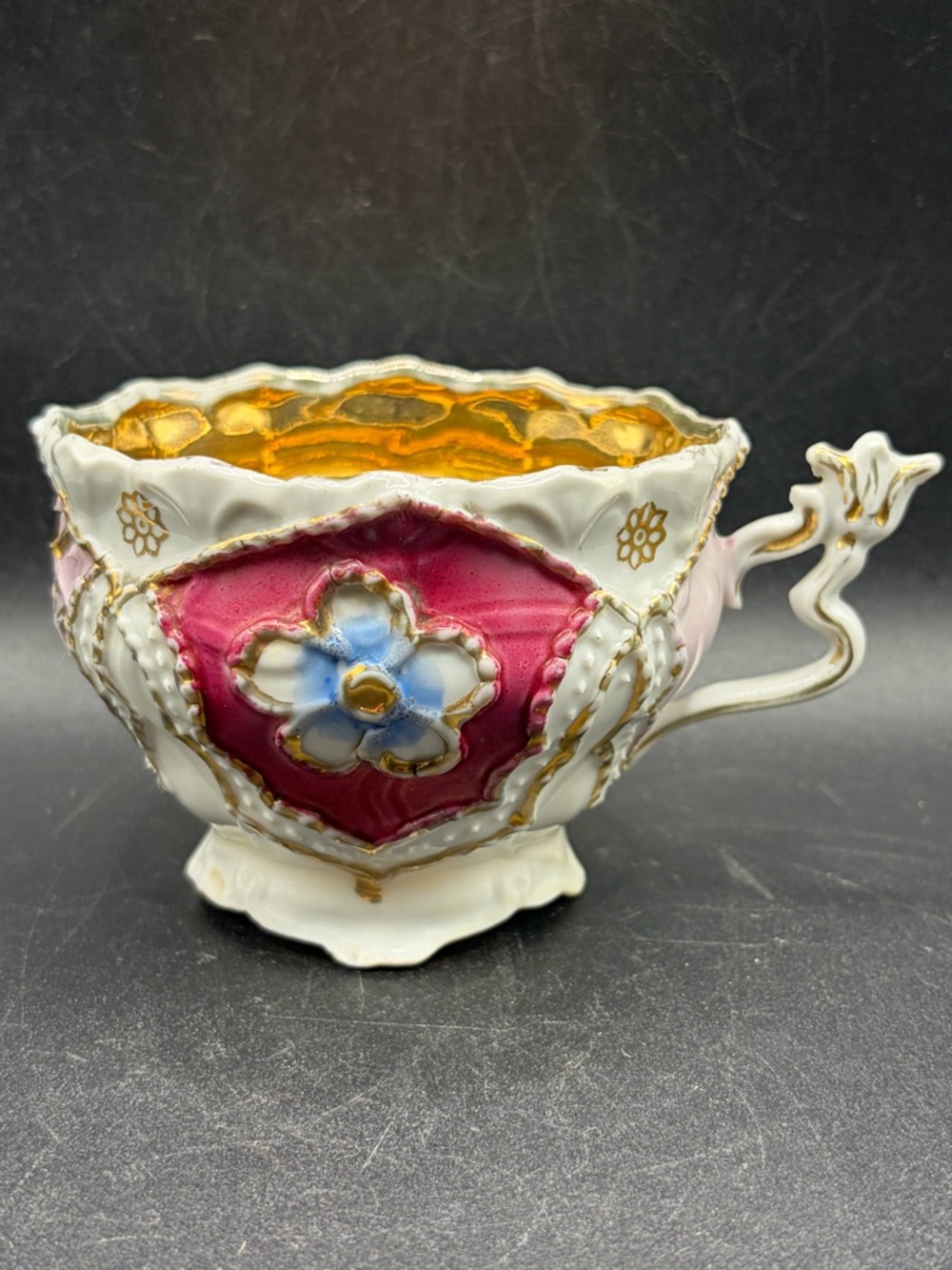 Antique Hand Painted Lusterware Floral Porcelain Raised Relief Ornate Tea Cup